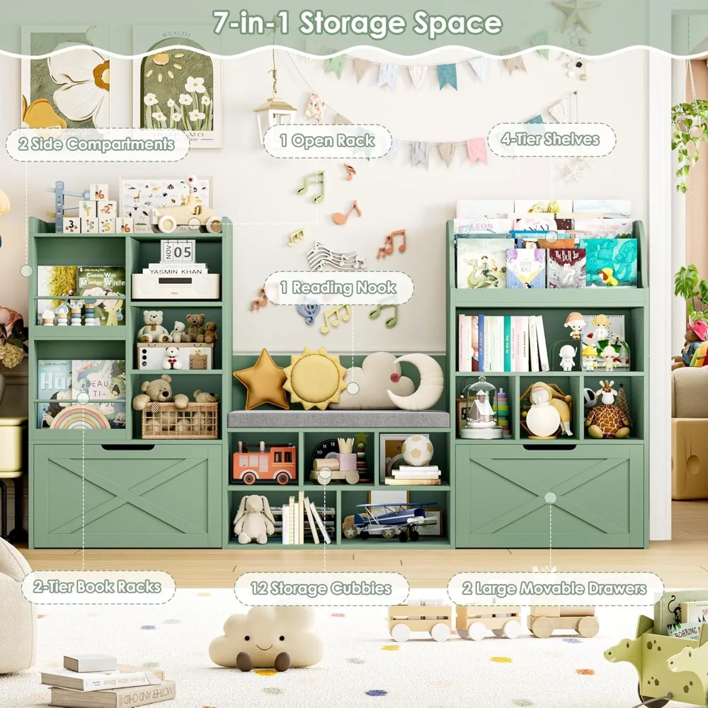 75" Kids Bookshelf with Reading Nook, Toy Storage Organizer with Seat Cushion and Movable Drawers for Playroom, Green