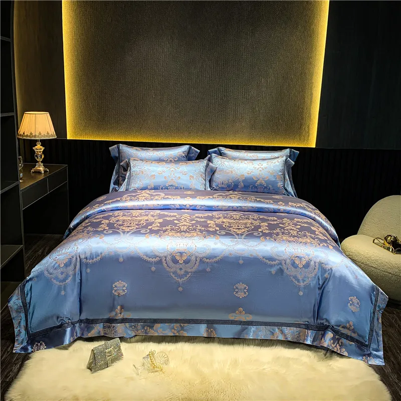 

Boutique 20% Silk and 80% Cotton Bedding Set Queen Size King Size Four Piece Duvet Cover Bed Sheet Pillow Cover Blue