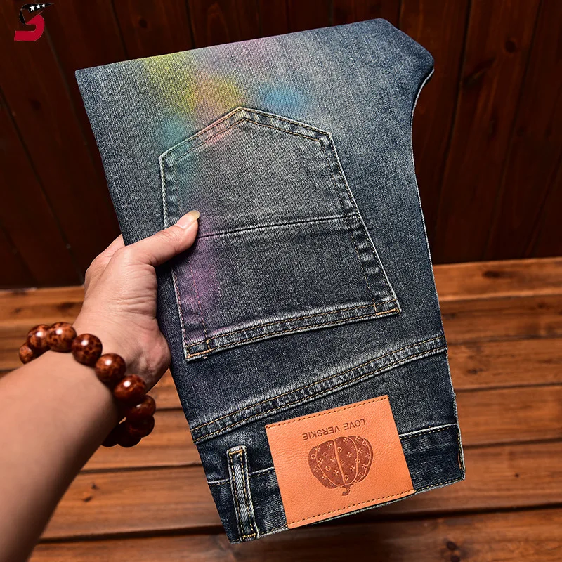 High-End Trendy Jeans Men's Splashed Ink Printing American Street Slim Fit Skinny Stretch Casual Autumn and Winter Trousers 4