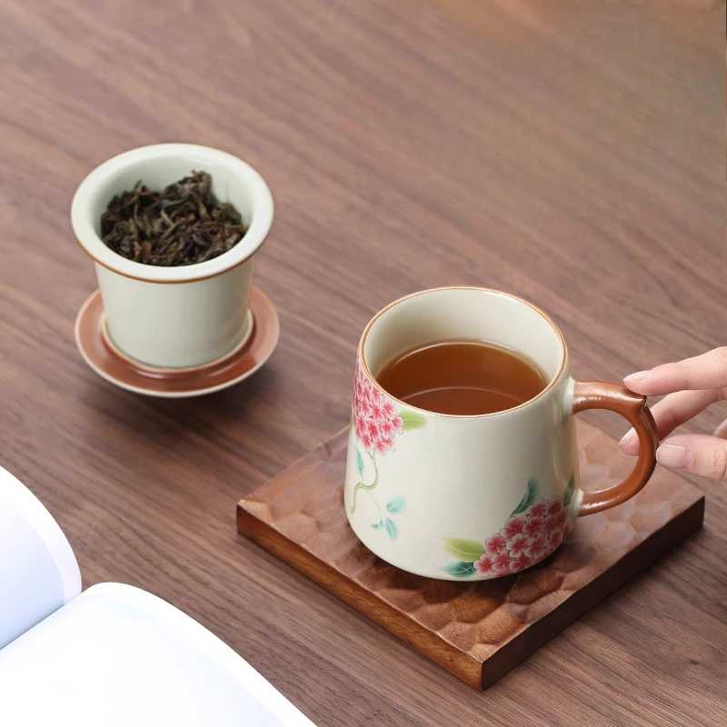 Chinese Style Ceramic Cartoon Floral Pattern Mug, Personal Creative Teacup, With Cover Filtered Tea Water Separation, 400ml, 1Pc