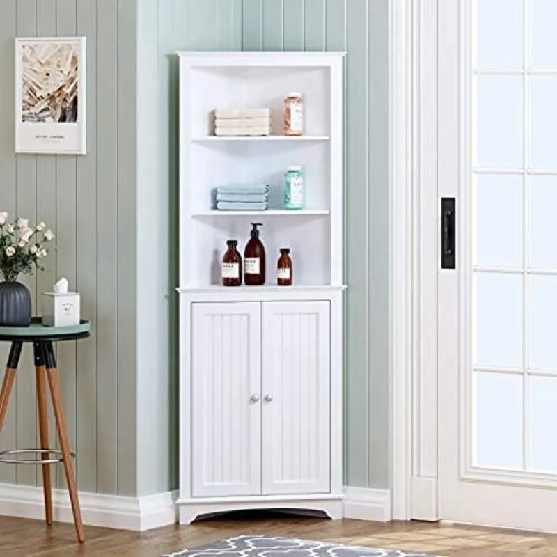Tall Corner Cabinet with Doors and Shelves, Freestanding Corner Storage Cabinet