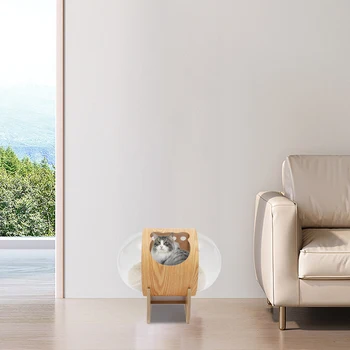 Wooden Spaceship Pet Bed for Cat & Dog Window Capsule-shaped Cat Bed Made of Wood House Cat Bed Indoor with Cushion 6