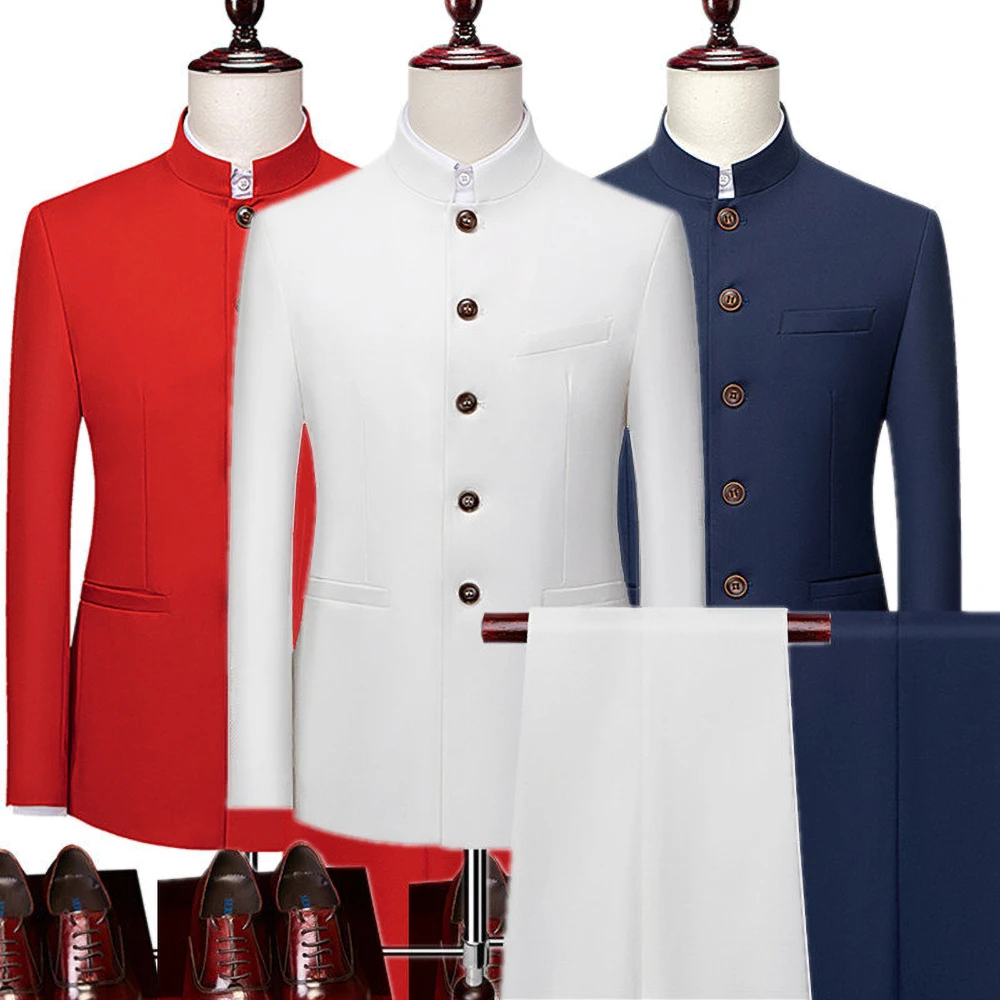 

New Arrival Male Suit Fashion Single Breasted Stand Collar Blazer Smart Casual Formal Wedding Tuxedo 2 Piece Suit Slim Fit 2023