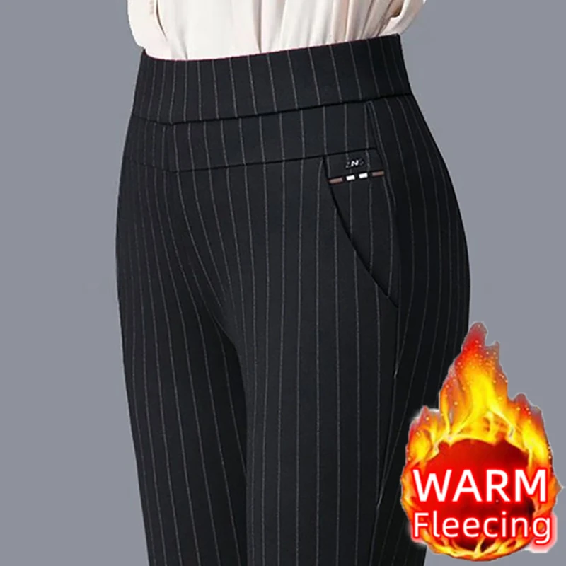 2025 Autumn/Winter Casual Elegant Office Lady Pencil Pants Thin Thick Fleece Women's Slim Solid Color Elastic Waist Tight Pants 3
