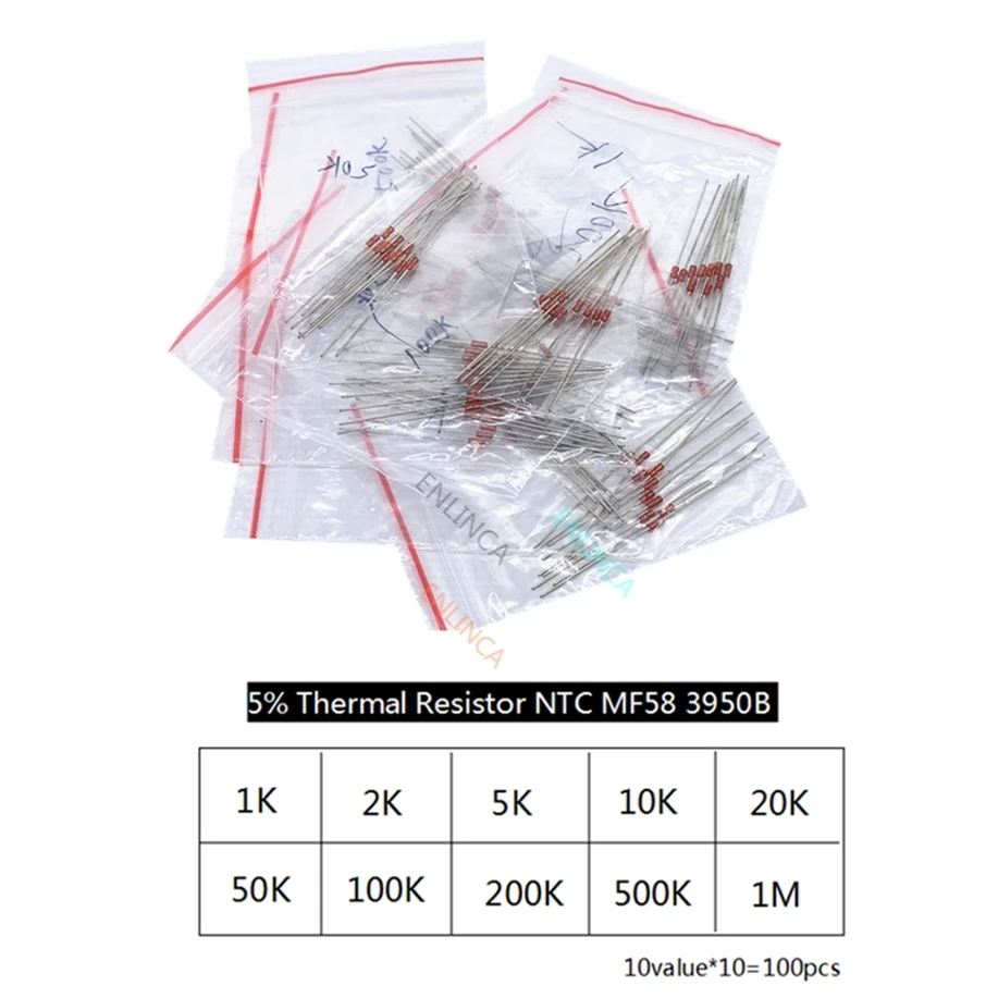Фото Комплект 10 значений, 10 значений * 10 = 100 шт., терморезистор NTC MF58 1K 2K 5K 10K 20K 50K 100K 200K 500K 1M 5% 3950B ohm R, датчик термистора №1