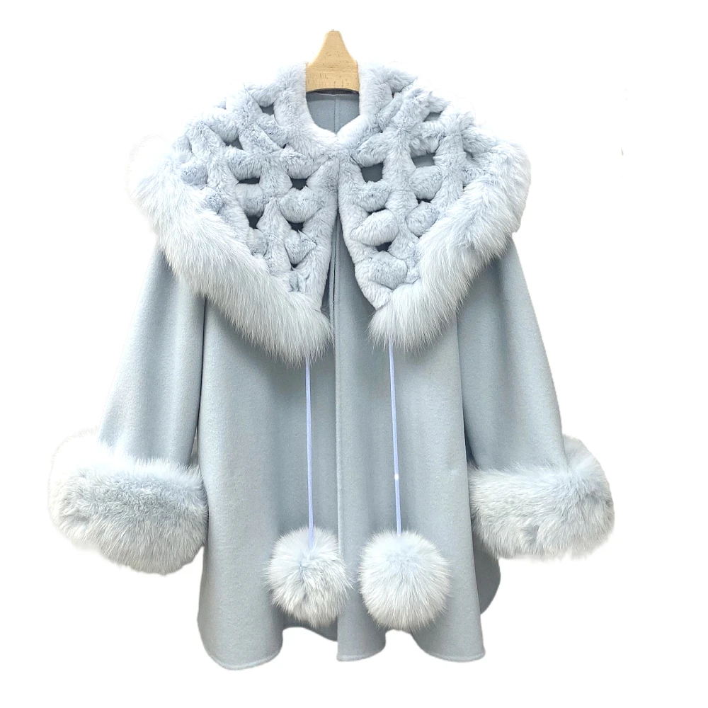 

New Fox Fur Fur Shawl Reversible Cashmere Coat Mid-Length Cape Woolen Coat
