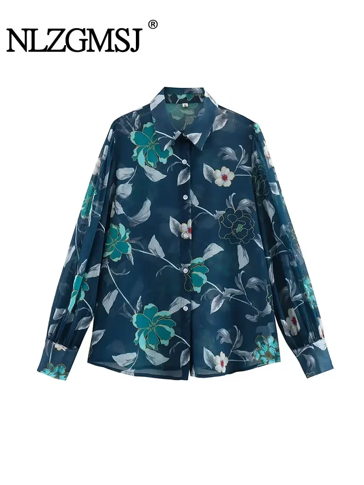 

Nlzgmsj TRAF 2024 Women Fashion Floral Printed Shirt Long Sleeves Front Buttons Single Breasted for Office Lady Blouse Tops