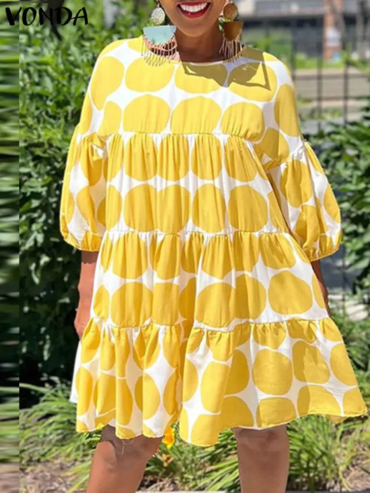 Plus Size 5XL VONDA Casual Dot Point Bohemian Dress Women Sexy Mini Sundress Summer 3/4 Lantern Sleeve Loose Ruffled Party Robe
