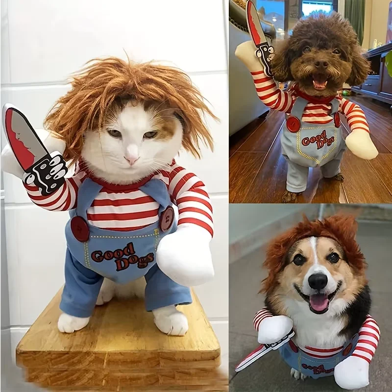 강아지 할로윈 의상 애완동물 치키 인형 코스튬 가발 포함, 중형견용 강아지 의상 재미있는 파티 코스프레 할로윈