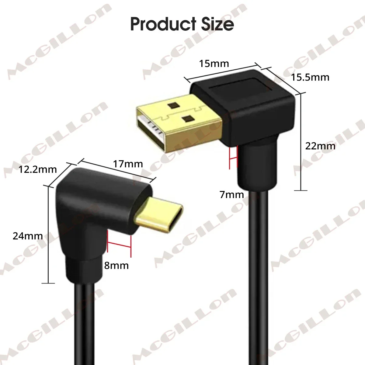 McGiLLon 이중 팔꿈치 USB A-Type-C 데이터 케이블 위아래 왼쪽 및 오른쪽 측면 굽힘 90도 각도 자동차 전화 충전 케이블