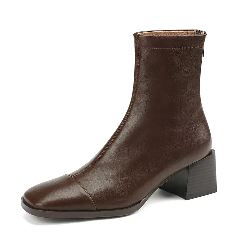 Square Toe Women Ankle Boots Flock Stretch Shoes Thin Mid Heels Black/Brown/Beige Back Zipper Dress Sock Boots Woman Size 34-40