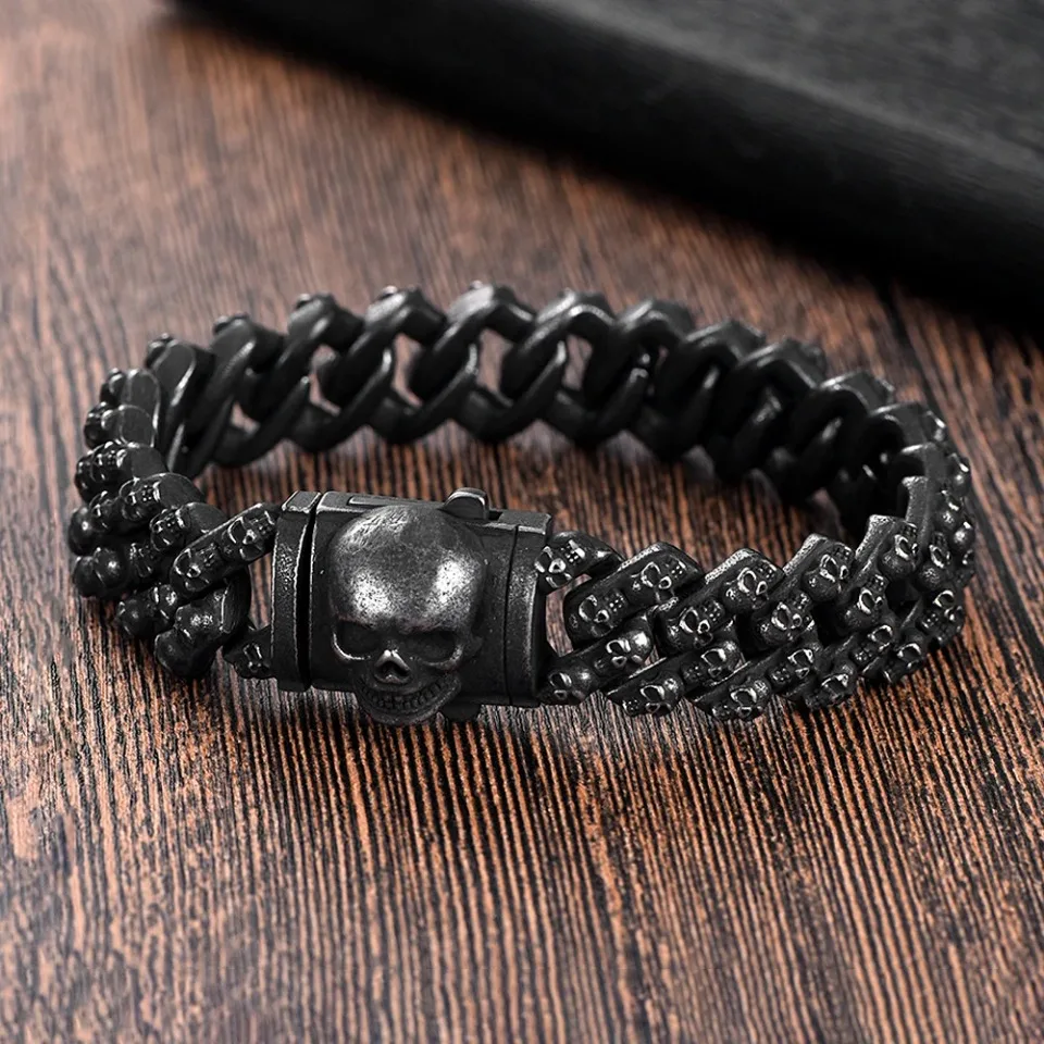 Bracelet gothique Vintage en acier inoxydable pour hommes, crâne
