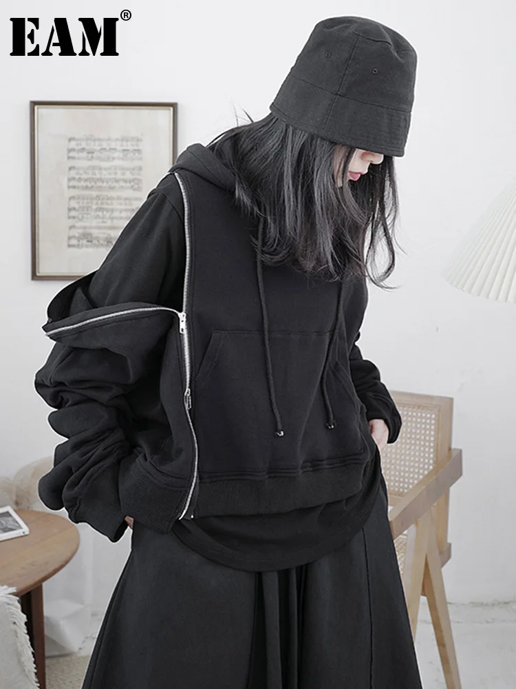 

[EAM] Black Irregular Zipper Drawstring Sweatshirt New Hooded Long Sleeve Women Big Size Fashion Spring Autumn 2024 1DF4262