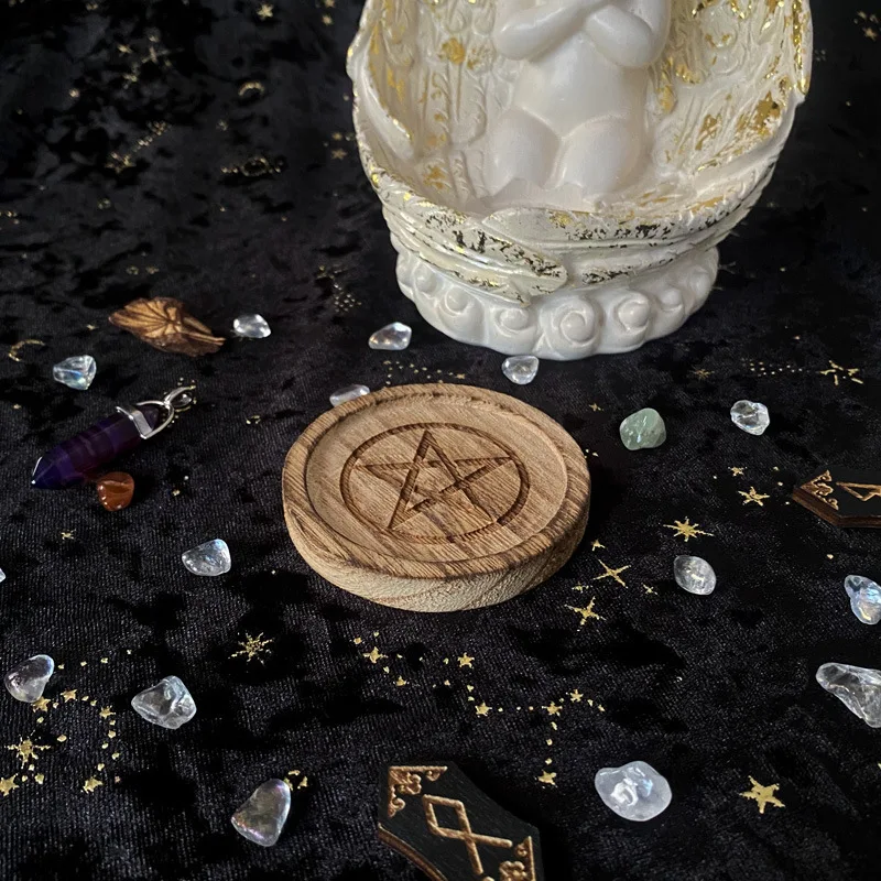 

Wood Lights Holder Wooden Altar Candlestick Pentacle Divination Board Game Wicca Altar Tile Plate Wedding Decor Witchcraft Props