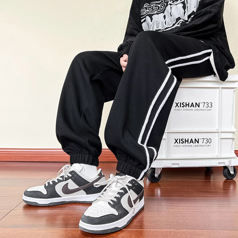 Men Autumn Winter Weaving Loose Drawstring Pockets Pants