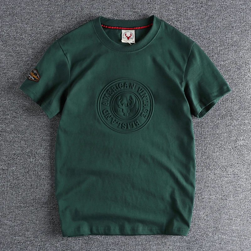 

Three dimensional embossed pattern short sleeve t-shirt men's pure cotton washed round neck half sleeve bottomed Shirt Top