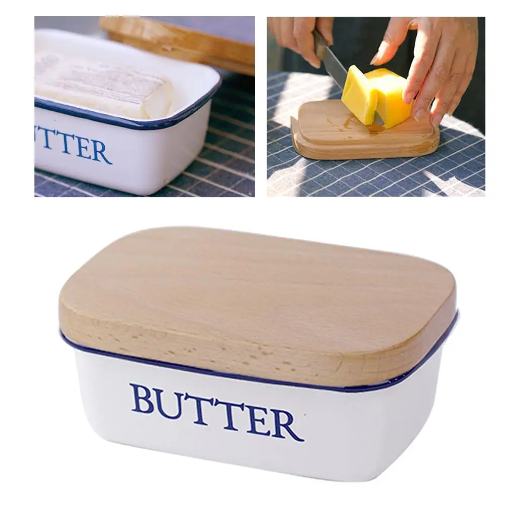 Enamel Butter Dish with Lid Holder Flanging Preservation Vintage Butter Keeper for Countertop Daily Use Refrigerator Cheese Nuts