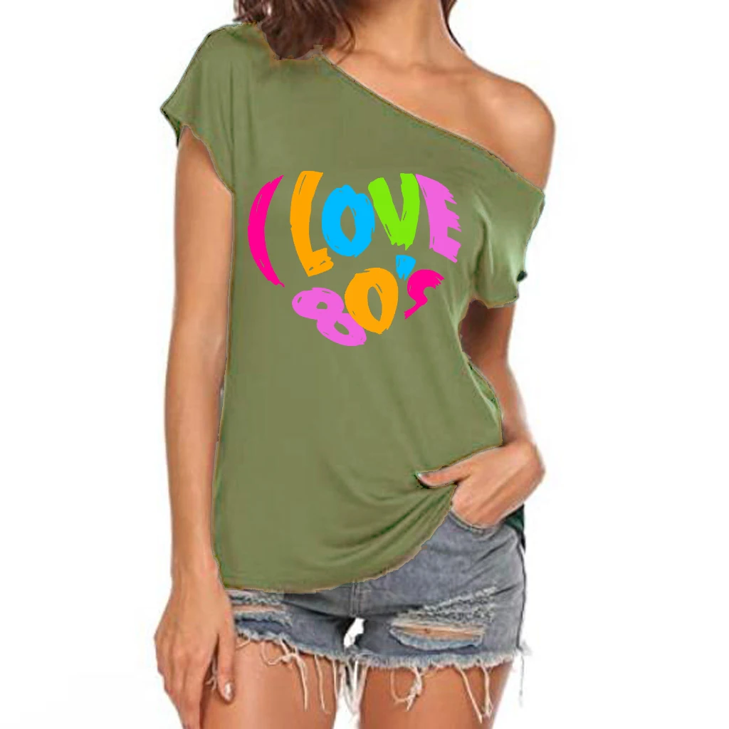 XUANSHOW 2024 Sommer Ich Liebe 80er Jahre Herz Emotionales Element T-shirt Sexy Off Schulter Tops Kurzarm Buchstaben Gedruckt T-shirt – Detail 18
