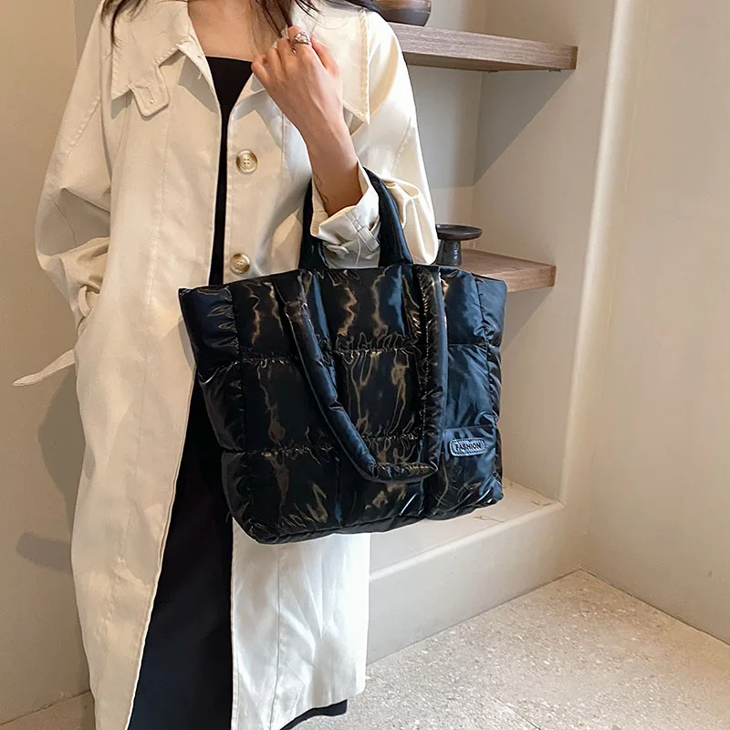 Grünes Design Puff Bag für Frauen 2023 Winter Raum Baumwolle Handtasche Umhängetasche große Kapazität wasserdichte Oxford Shopper Bag Tote – Detail 12
