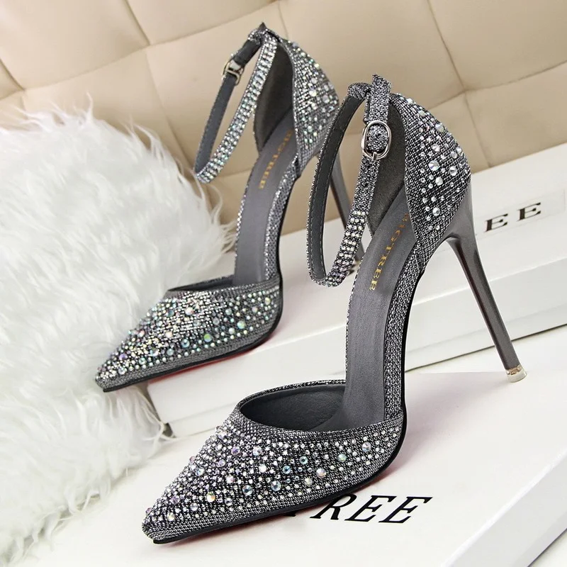 Luxury Brand High-heeled Shoes Woman Sandal Bling Sparkling Rhinestones Shallow Mouth Fingertip Scarf Word Sweet Princess Shoes