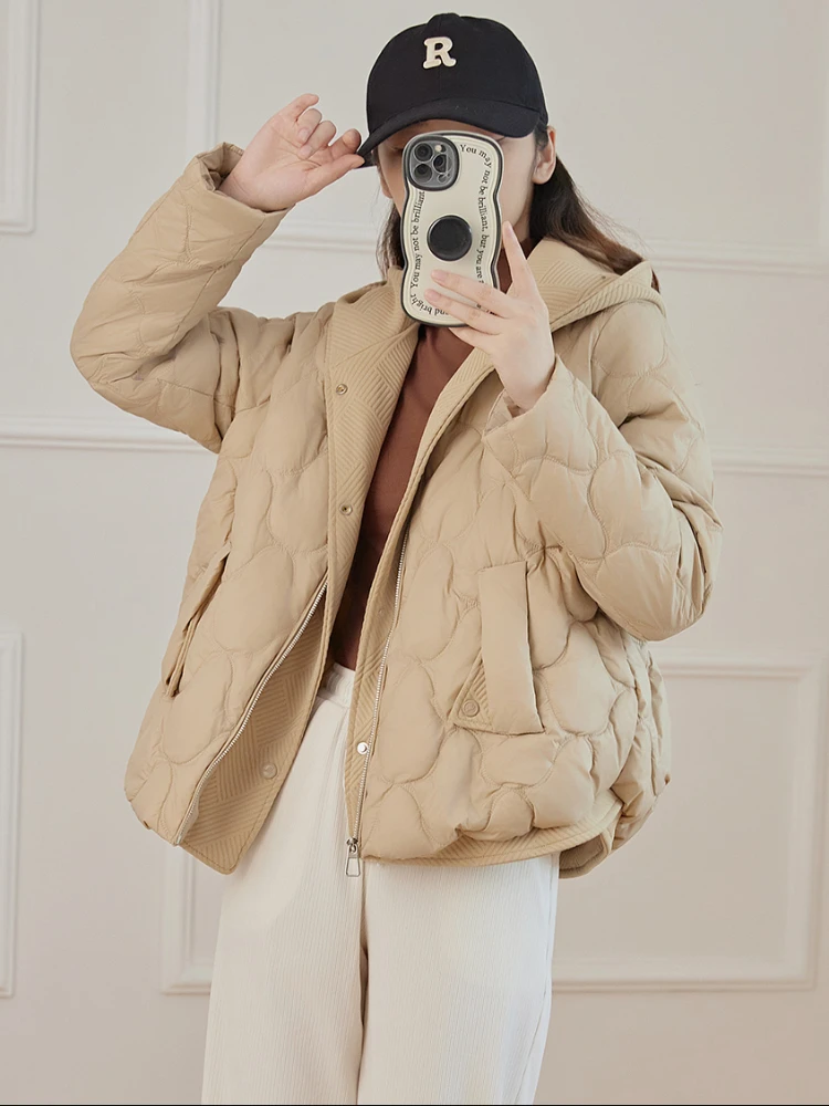 

FTLZZ Autumn Winter Women White Duck Down Coat Casual Knitted Hooded Patchwork Coat Loose Solid Puffer Parka Outwear