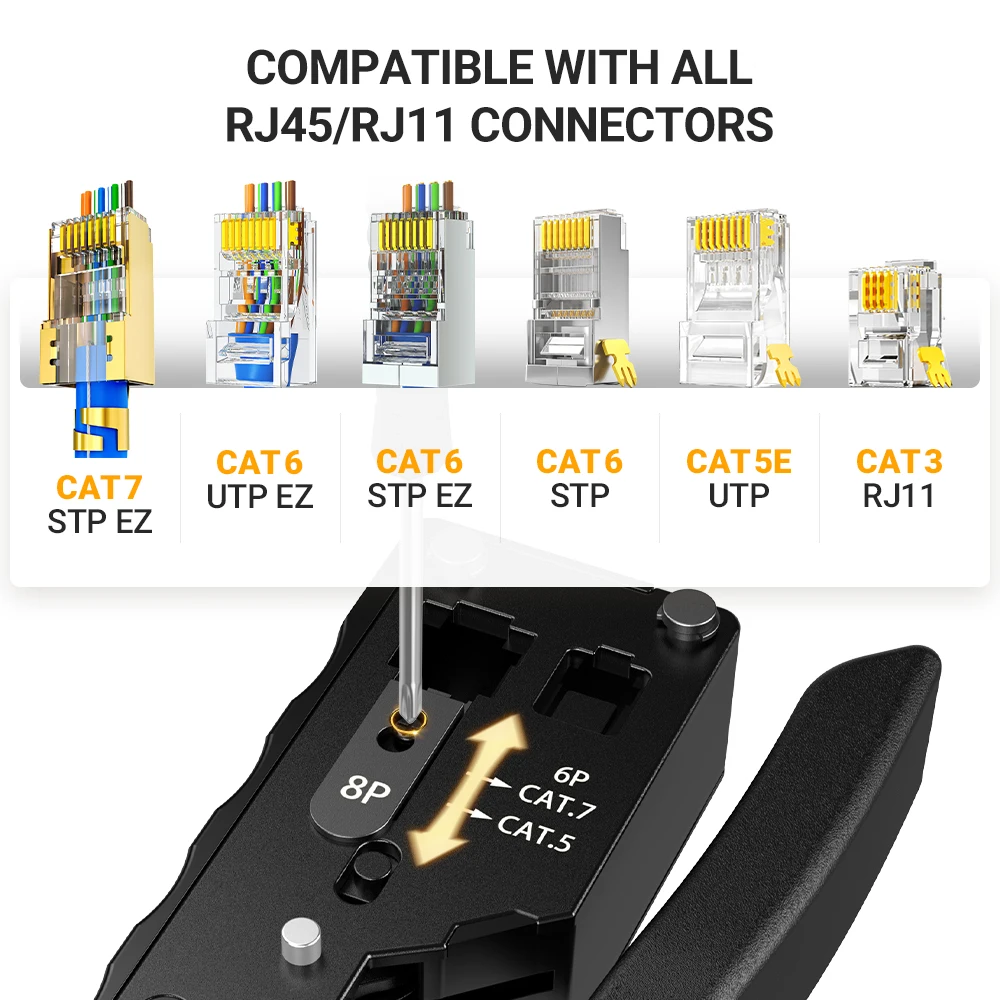 AMPCOM rj45 크림퍼 CAT7 RJ11 RJ 45 커넥터 통과용 압착 도구 와이어 스트리퍼 커터가 있는 CAT6 CAT5E 모듈러 플러그