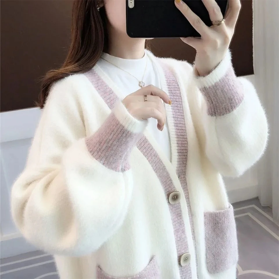 

S-3XL Women Knit Pink Cardigan Autumn Long Sleeve Cotton Handmade Heart Lover Embroidery Warm Loose Fit Cardigan Knitwear Tops