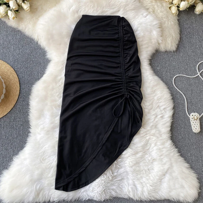 Women Clothes Office Lady Wrap Buttock Sexy Midi Skirt Elegant Solid Draped Irregular Lace up Drawstring Folds High Split Dress