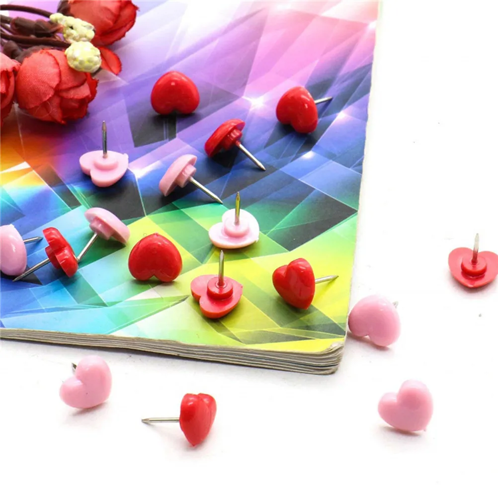 150Pcs 하트 핀 플라스틱 헤드 코르크보드용 스테인레스 스틸 포인트 푸시핀 지도 표시 사진 벽 장식 활기찬 장 핀