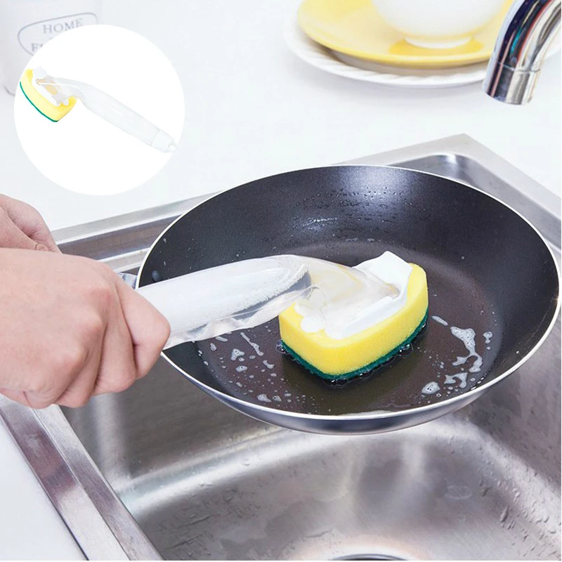 

Sponge Cleaning Brush Decontamination Creative Detachable Handle Washing Pot Brush Head with Detergent Liquid Kitchen Tool