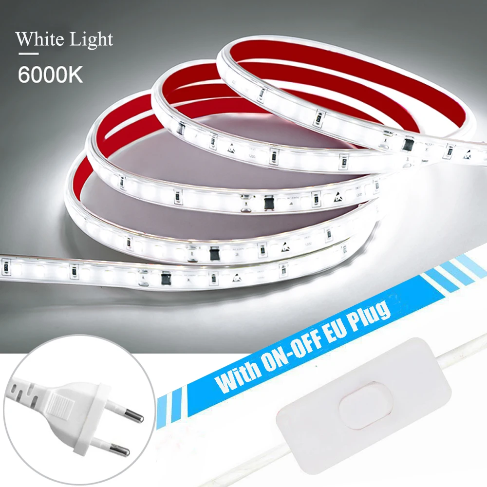 thumbnail image 1 of Tira de luces LED de 120 LED/m, 220 V, flexible y de 10 cm, cortable, con cinta adhesiva 2835, enchufe europeo, para tocador, armario, decoración del hogar, 1 of 5