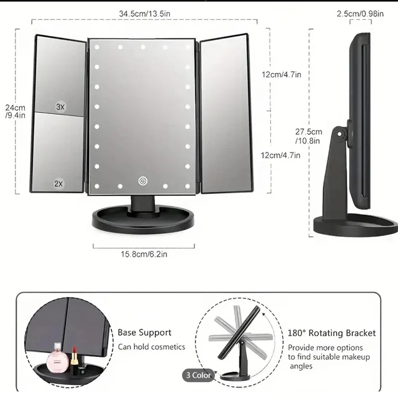 Makeup Mirror 22 LED 1/2/3X Magnifying Folding 180 Rotation Stepless Dimmer With Storage Tray