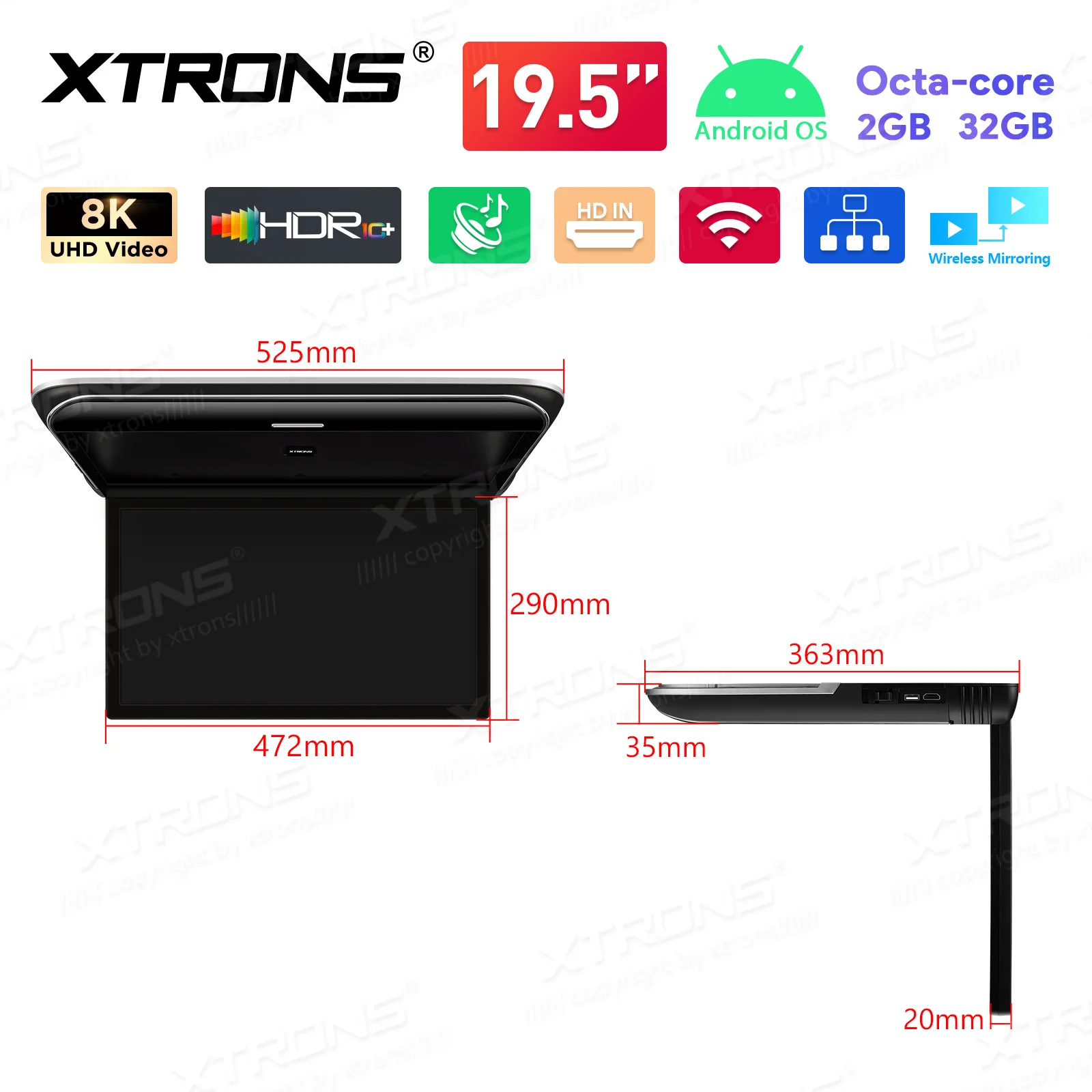 XTRONS 19.5" Octa-core Android Car Roof Monitor TV 8K IPS Car Screen Adjustable Angle to 170&deg; with Screen Mirroring USB HDR RCA car monitor car dashboard display screen
