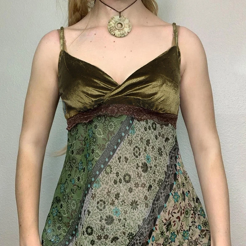 Mori Girl Style Patchwork Camis Top Y2K Aesthetic Vintage Green Sexy V Neck Tank Top Summer Asymmetry Lace-up Vest
