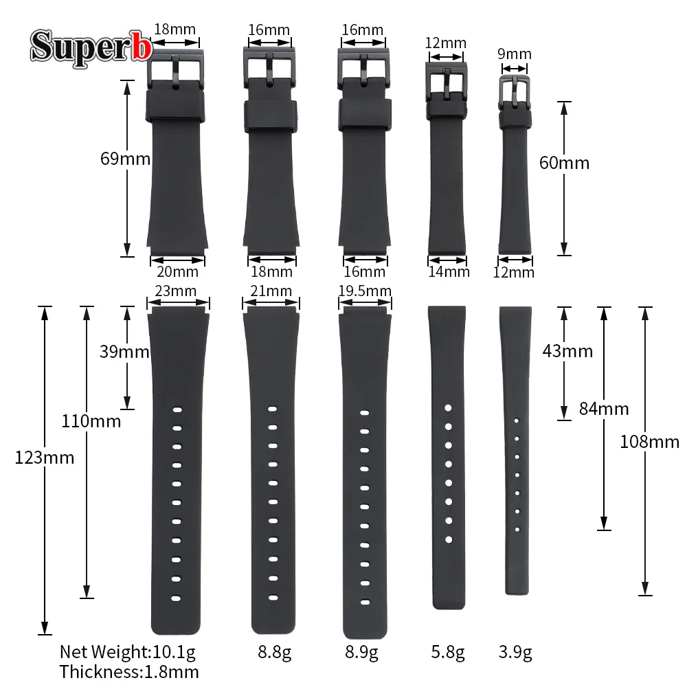 Universal Black Rubber Resin Watch Strap, Classic Style for Men and Women, 12-20mm