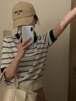 Korean Retro Striped ort Sve Knitwear Women's Summer New Casual Ele ort Top Loose Fit round Ne Basic Sle
