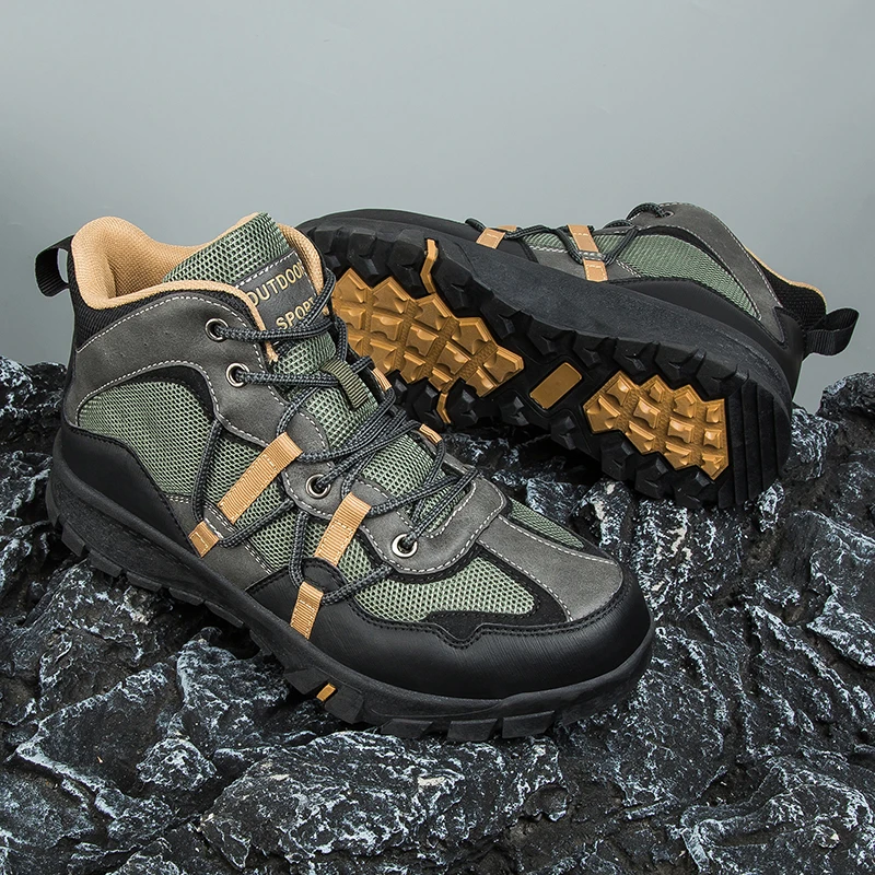 HIKEUP High-Top Mountaineering Hiking Men's Shoes Outdoor Sneaker Cushioned Rubber Sole Comfortable Breathable Suede Leather