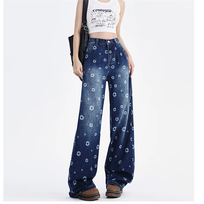 

Women's Floral Print High Waisted Loose Thin Jeans Young Girl Summer New Bottoms Casual Trousers Female Straight Baggy Pants