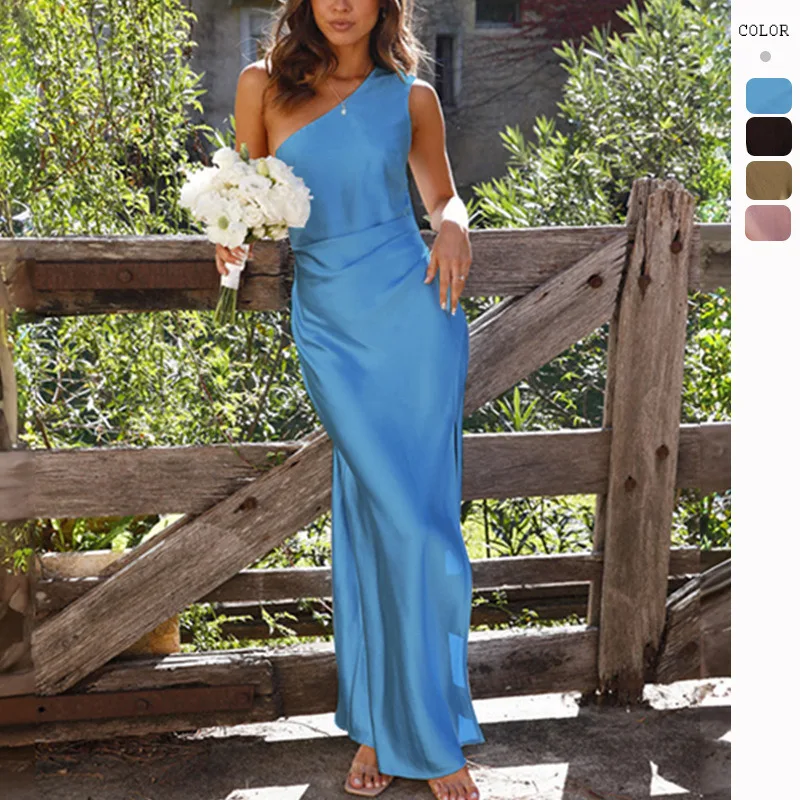 2026 Damen Sommer Sexy Party Einfarbiges Ärmelloses Rückenfreies Langes Kleid mit Hohem Schlitz Satin Maxi-Abendkleid für Hochzeitsgäste Cocktail-Events