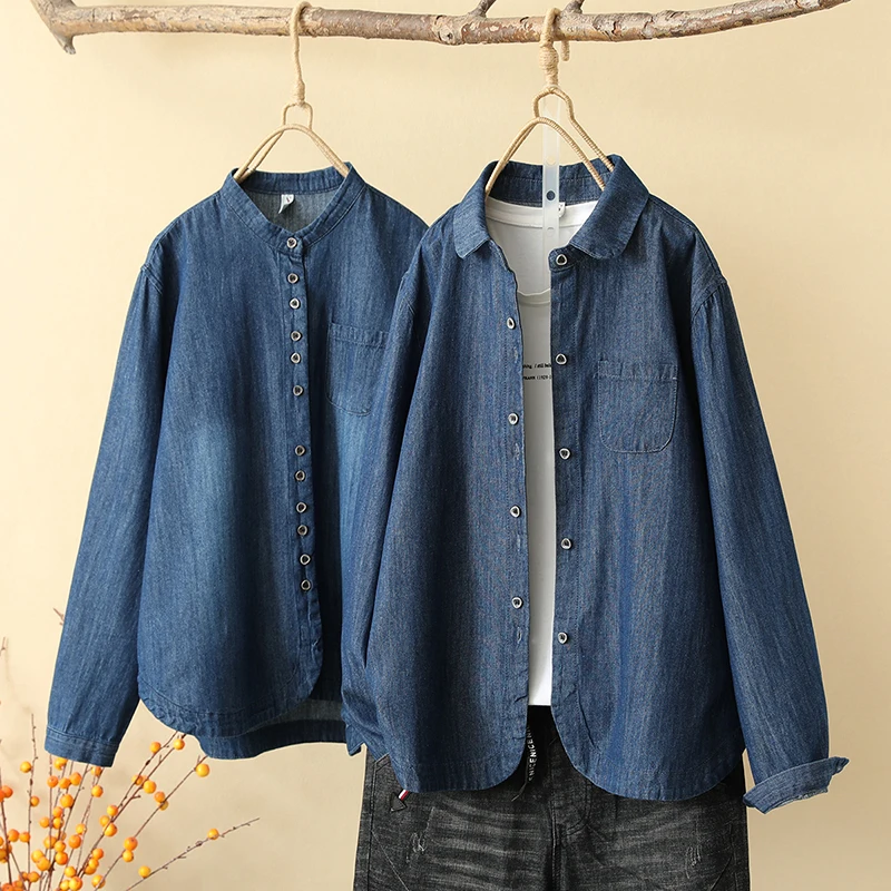

2023 Spring New Women's Long Sleeve Denim Shirt Blue Simple Women Blouses and Tops Office Fashion Casual Loose Ladies Clothes