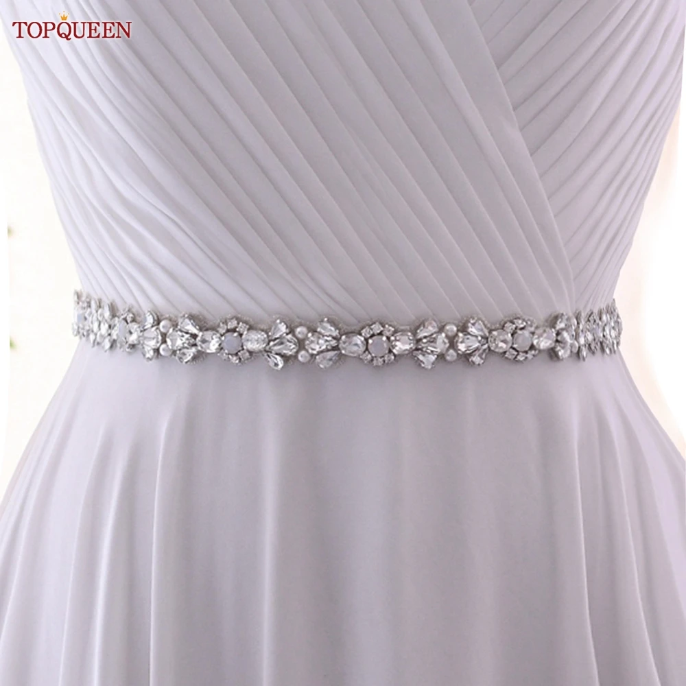 TOPQUEEN Wedding Belts Silver Rhinestone Thin Sash With Organza Ribbon Woman'S Formal Dress Waistband Bride Accessories S472