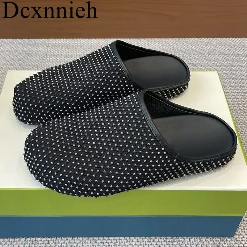 

New Round toe flat bottomed slippers with crystal decoration shallow mouth casual slippers summer outdoor Muller shoes women's