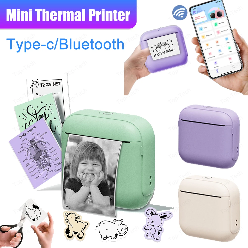 Pocket Photo Printer Inkless Wireless BT Portable Phone Printer with 1 Rolls Paper Sticker Maker Machine Gift for Child Birthday