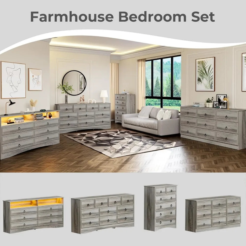 6 Drawer Dresser for Bedroom with LED Lights and Charging Station, Wood 6 Chest Drawers, Large Storage 4