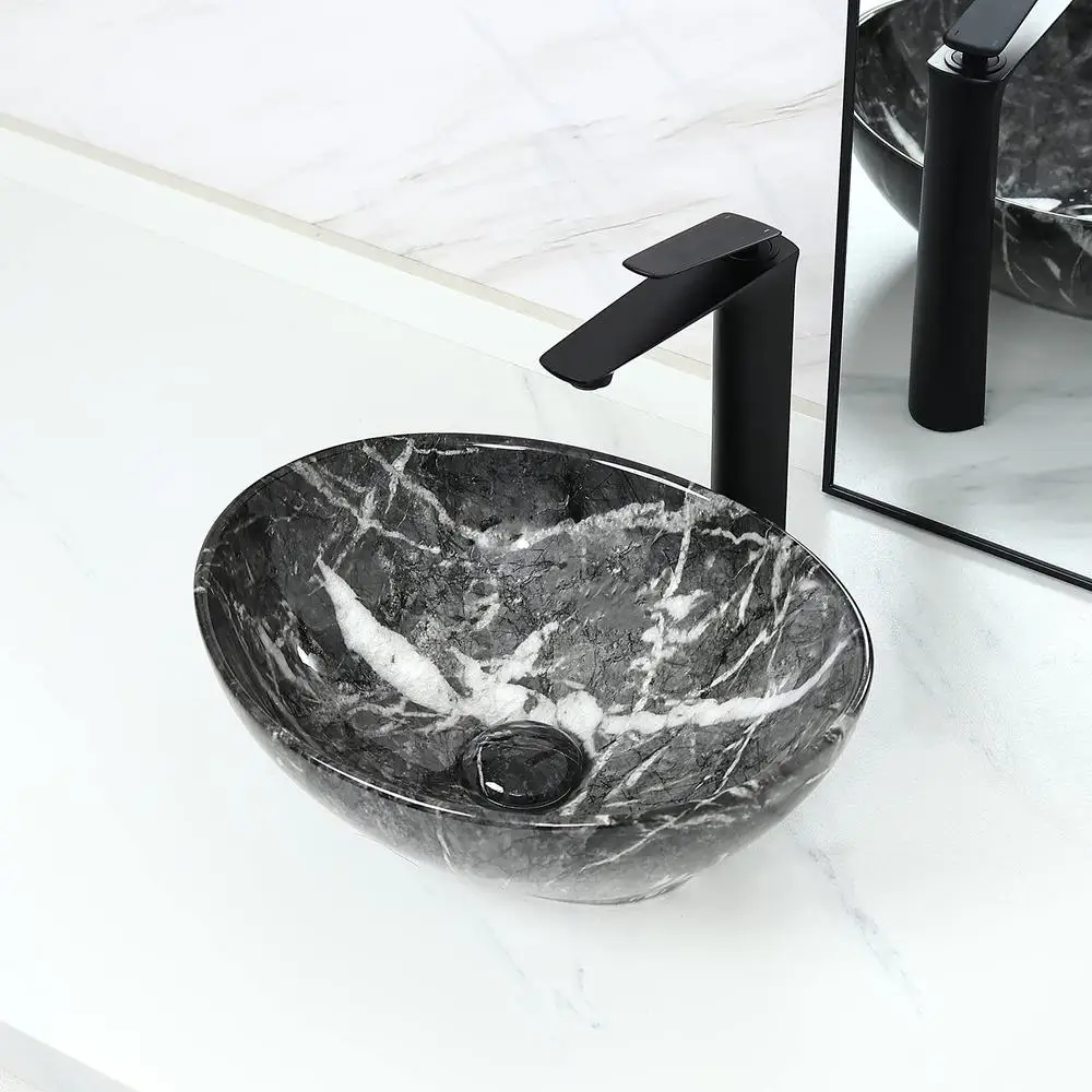 Marbling Ceramic Vessel Sink Set with Pop Up Drain Bathroom Sink Above Counter 4