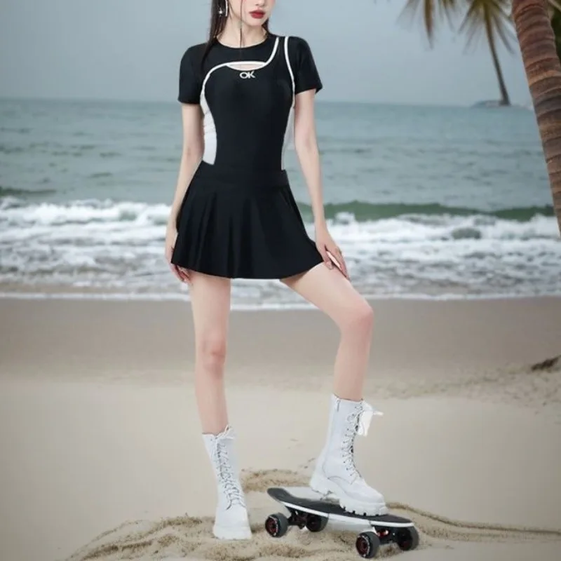 Summer 2024 Women's New Pullover O-Neck Patchwork Hollow Out Letter Slim Fashion Comfortable Casual Short Sleeve Swimwears Suit