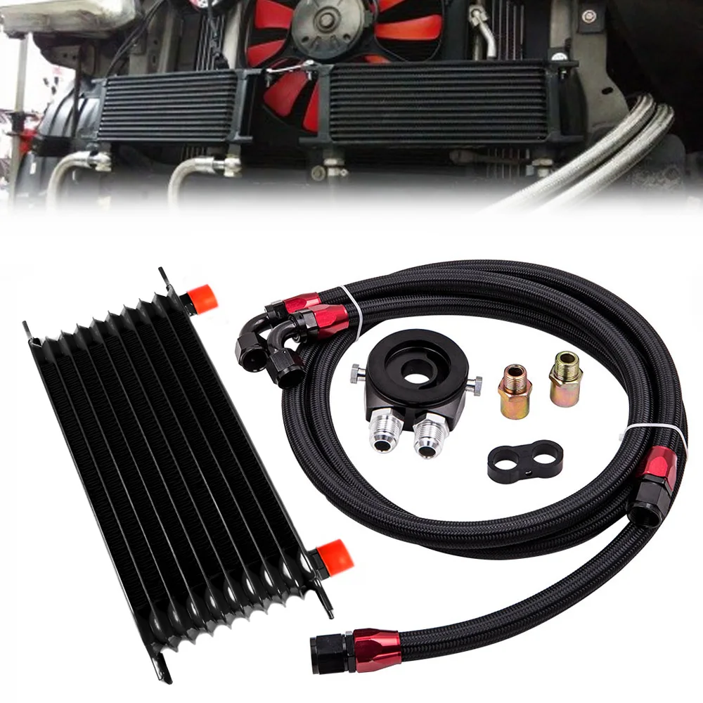 Car Universal 10 Rows AN10 Oil Cooler + Oil Filter Sandwich Adapter + Stainless Steel Braided AN10 Hose for Cooling System Parts oil cooler kit