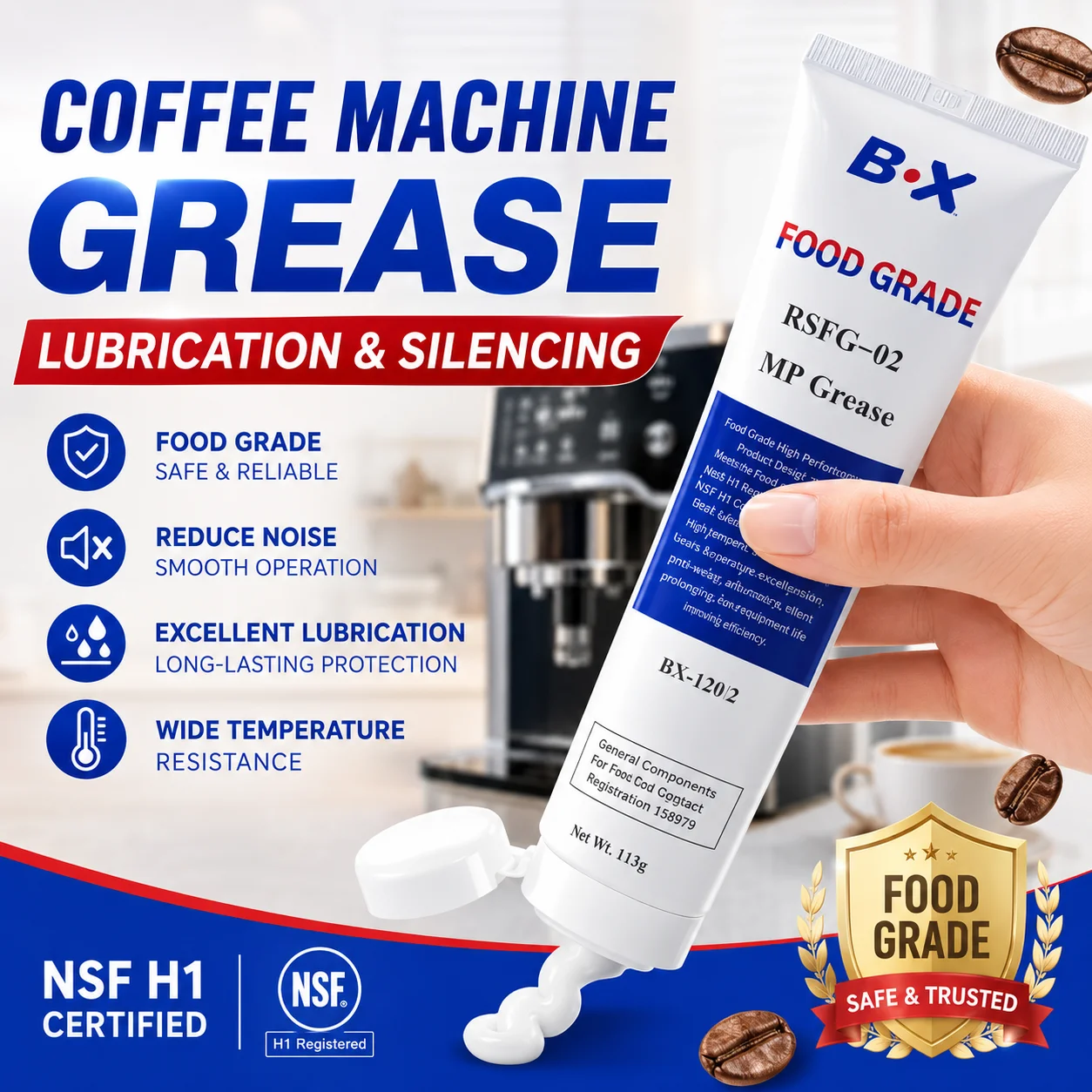 B·X RSFG-02 Kaffeemaschinen-Schmierfett Lebensmittelqualität NSF H1 Schmiermittel für Espresso-Brühgruppe O-Ring Zahnrad 113g