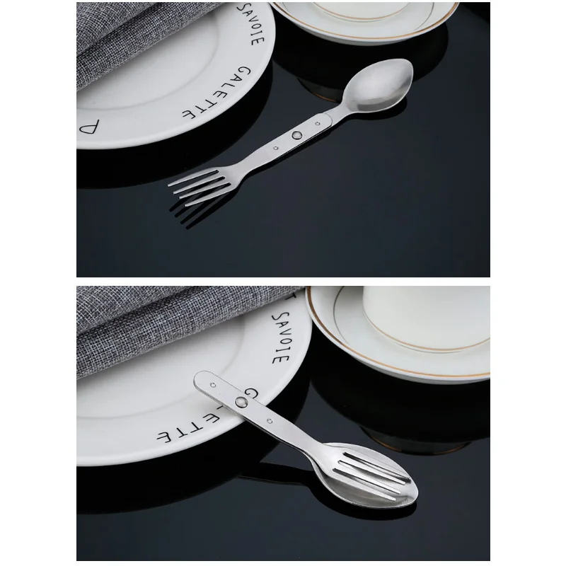 Portable Tableware Portable Cutlery Titanium Tableware 2 IN 1 Fork Dessert Spoon Tableware Cutlery Set Stainless Steel