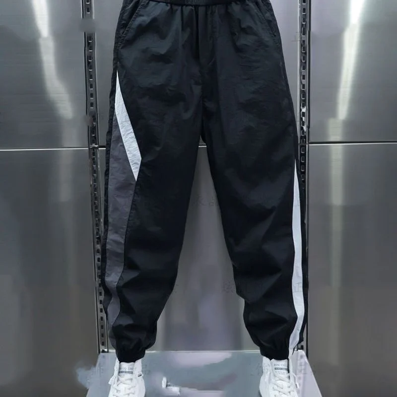 2024 Summer New Men's Trousers Contrast Color Spliced Elastic Drawstring Fashion Trendy Loose Young Style Casual Harlan Pants
